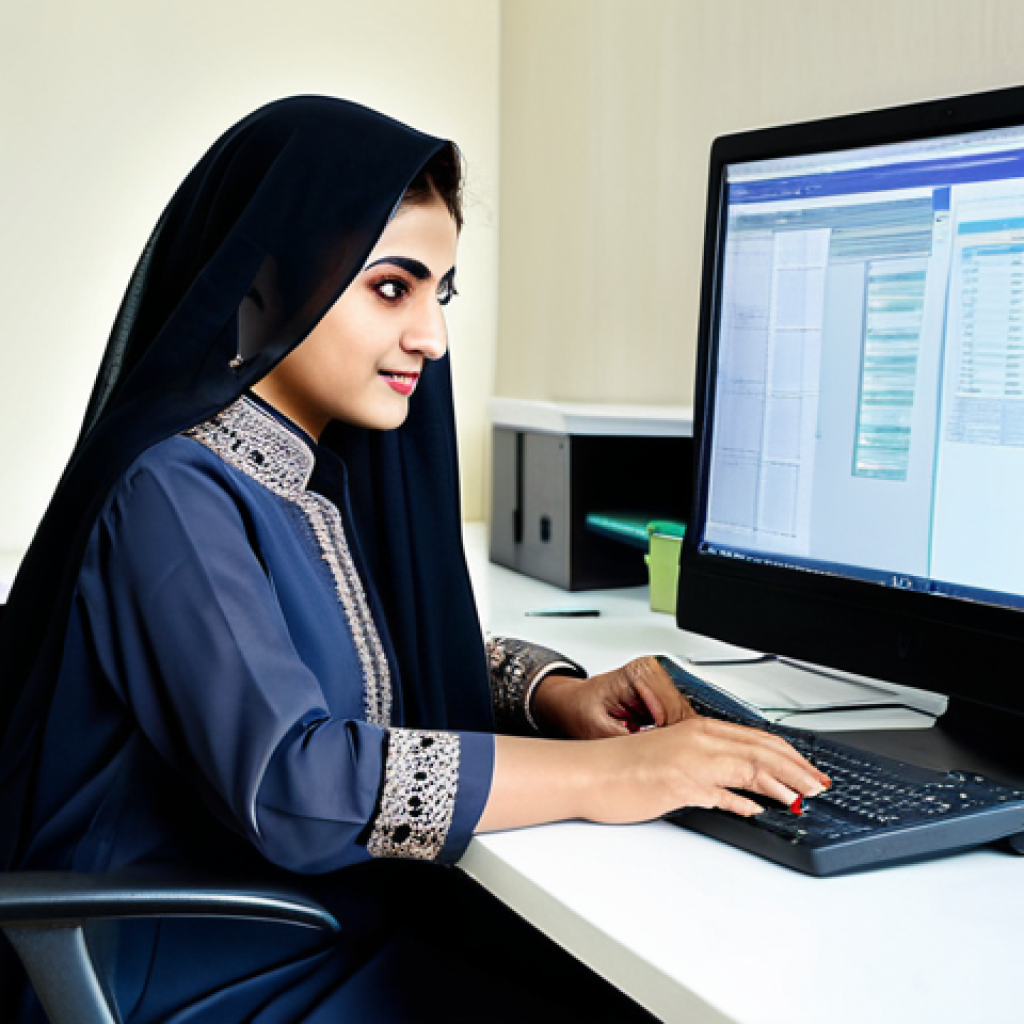 ** A professional Pakistani businesswoman in a modest shalwar kameez, working at a desk in a modern Karachi office, fully clothed, appropriate attire, safe for work, perfect anatomy, natural proportions, professional photography, high quality.
**
