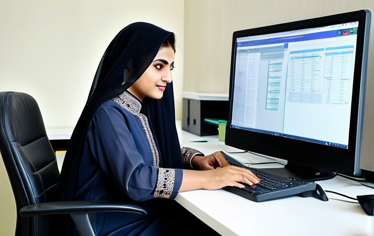 ** A professional Pakistani businesswoman in a modest shalwar kameez, working at a desk in a modern Karachi office, fully clothed, appropriate attire, safe for work, perfect anatomy, natural proportions, professional photography, high quality.
**