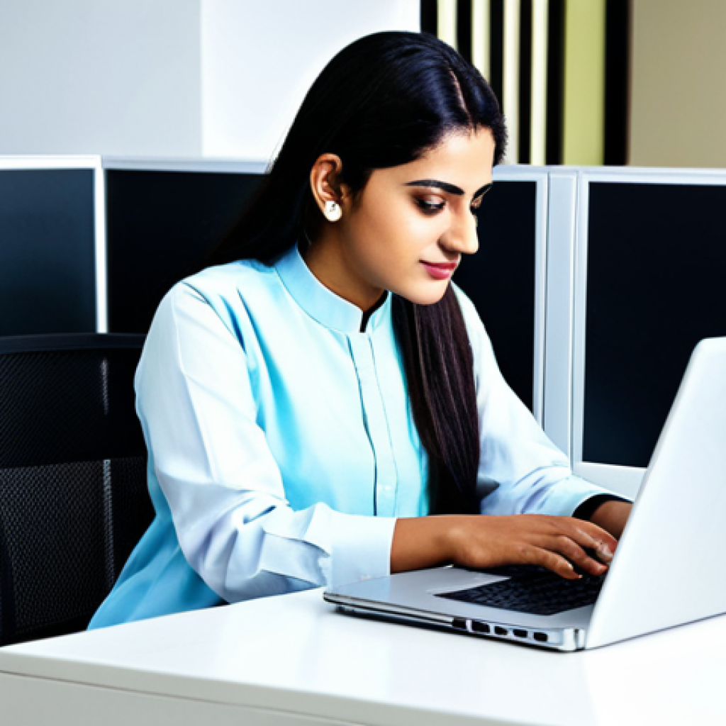 **
A Pakistani businesswoman in a modest shalwar kameez, working on a laptop in a bright, modern office in Karachi, fully clothed, appropriate attire, safe for work, perfect anatomy, natural proportions, professional photography, high quality.
**