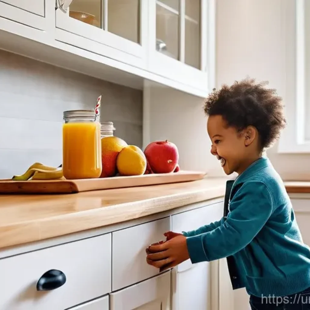 넛지 기법을 통한 협상 전략 개선 - **Family Kitchen Nudge for Healthy Eating:**
A warm, brightly lit family kitchen. On a clean, wo...