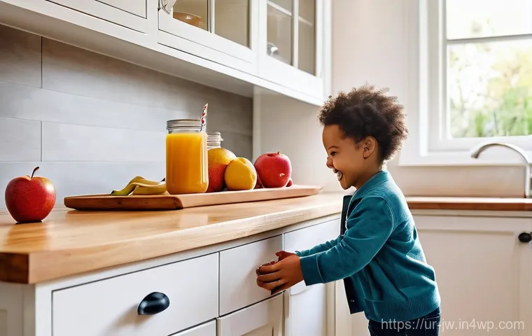 넛지 기법을 통한 협상 전략 개선 - **Family Kitchen Nudge for Healthy Eating:**
A warm, brightly lit family kitchen. On a clean, wo...