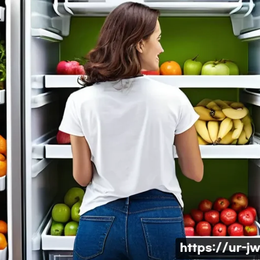 넛지를 통한 긍정적 행동 변화 유도하기 - **Prompt:** A brightly lit, modern kitchen. The refrigerator door is open, showcasing an organized i...
