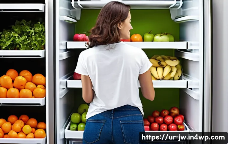 넛지를 통한 긍정적 행동 변화 유도하기 - **Prompt:** A brightly lit, modern kitchen. The refrigerator door is open, showcasing an organized i...