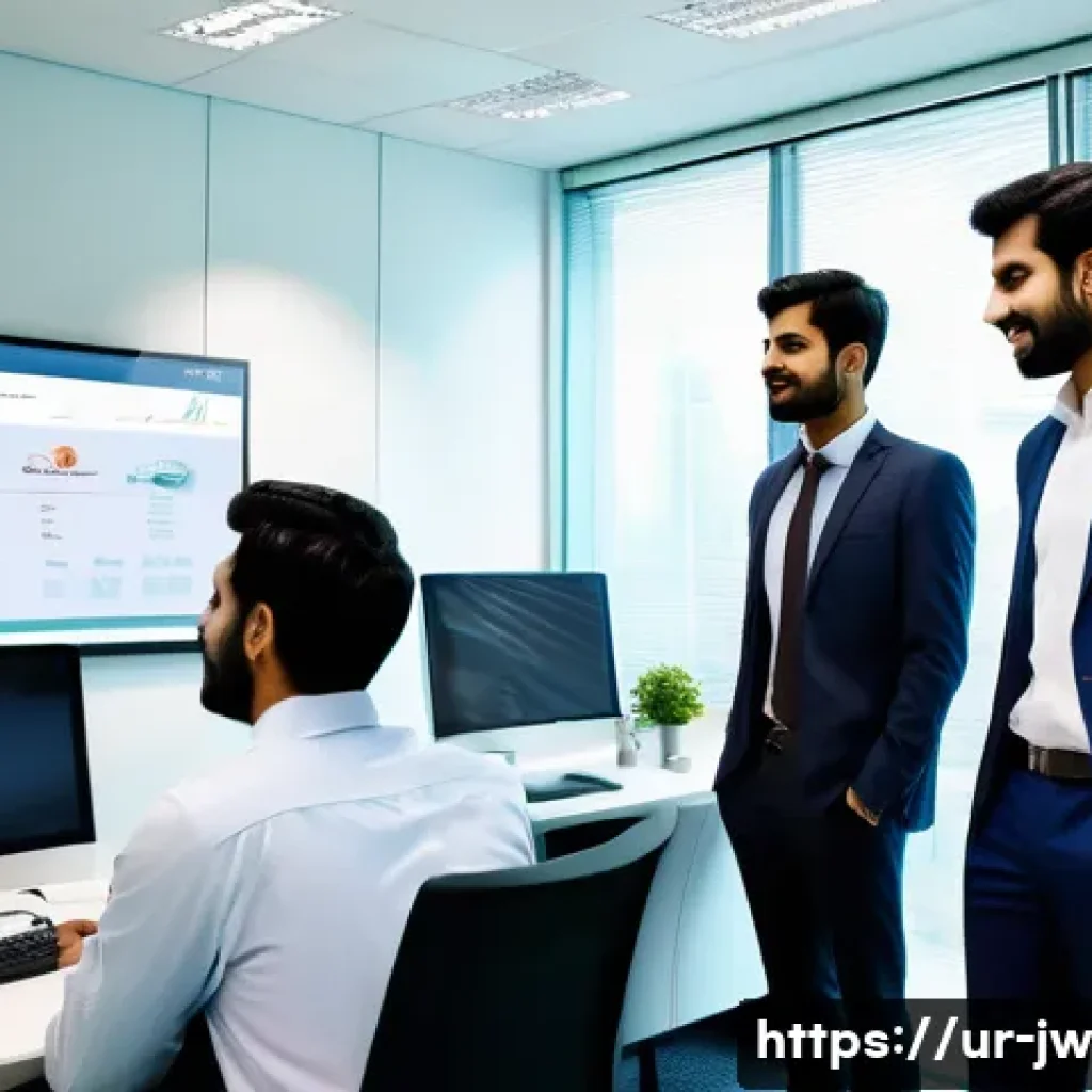 넛지 기법을 통한 조직의 혁신 촉진하기 - A modern corporate office scene depicting a diverse group of Pakistani employees engaged in teamwork...