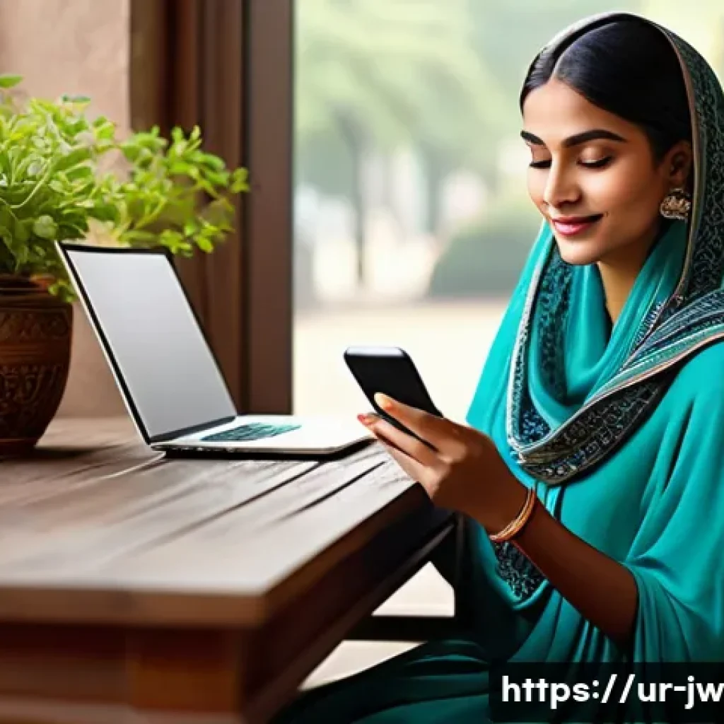 넛지 기법의 미래 전망과 연구 방향 - A modern e-commerce scene set in a vibrant Pakistani marketplace, showcasing a young adult woman bro...