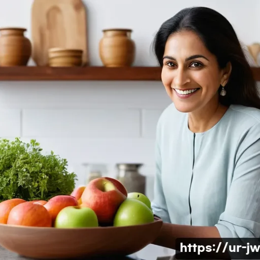넛지 기법으로 개인의 행동 변화 유도하기 - A cozy, modern home kitchen scene showcasing a neatly organized countertop with fresh fruits, vegeta...
