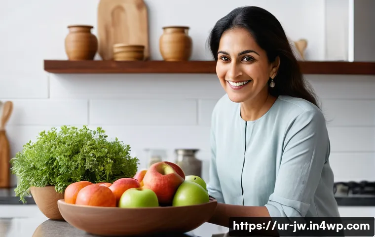 넛지 기법으로 개인의 행동 변화 유도하기 - A cozy, modern home kitchen scene showcasing a neatly organized countertop with fresh fruits, vegeta...
