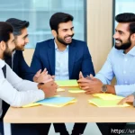 Home 20 넛지 기법으로 직장 내 소통 개선하기 - A modern office meeting scene in a bright, well-organized conference room featuring a diverse team o...