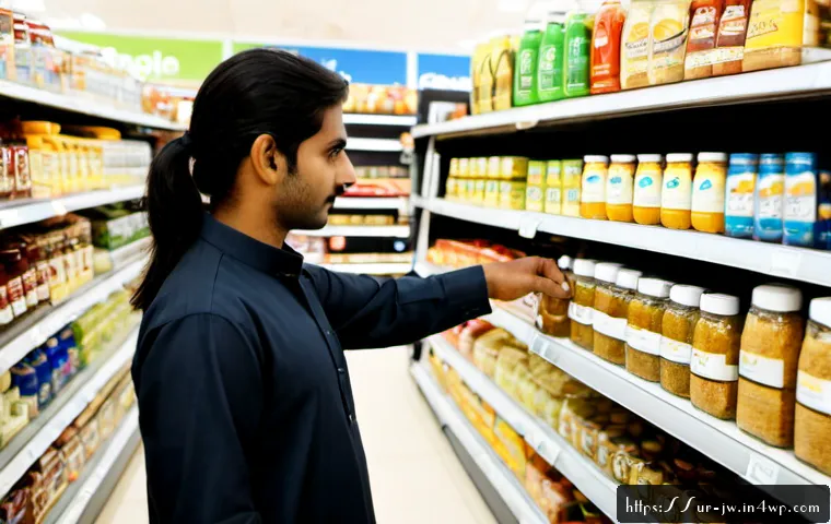 Home 17 넛지와 고객의 결정 과정 분석하기 - Photorealistic Pakistani grocery shopper in a bright modern supermarket, thoughtfully choosing betwe...